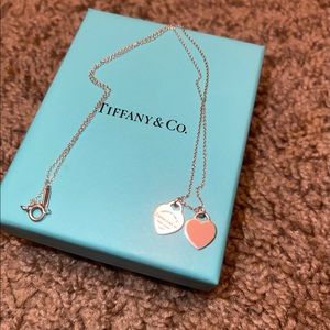 Tiffany & Co . Pink Double Heart Tag Pendant Sliver Necklace